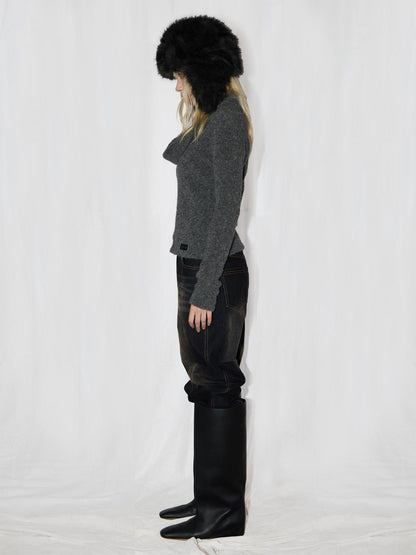 24ans Two Tone Alpaca Sweater Versatile Crewneck To Off Shoulder