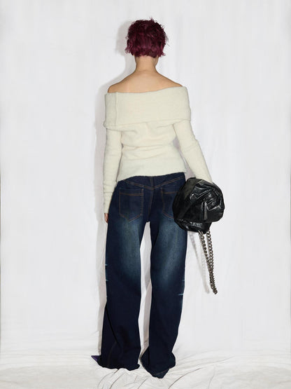 24ans Two Tone Alpaca Sweater Versatile Crewneck To Off Shoulder