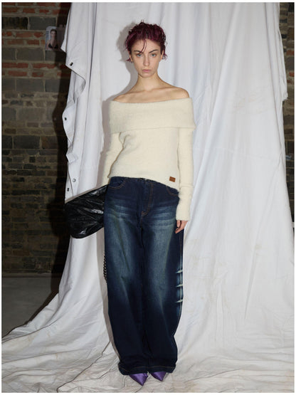 24ans Two Tone Alpaca Sweater Versatile Crewneck To Off Shoulder