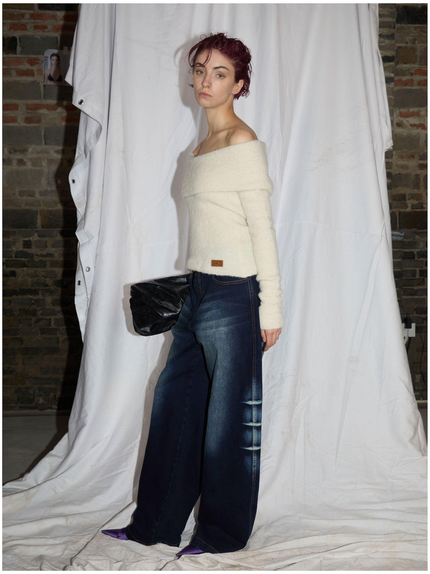 24ans Two Tone Alpaca Sweater Versatile Crewneck To Off Shoulder