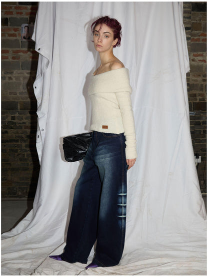 24ans Two Tone Alpaca Sweater Versatile Crewneck To Off Shoulder