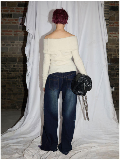 24ans Two Tone Alpaca Sweater Versatile Crewneck To Off Shoulder