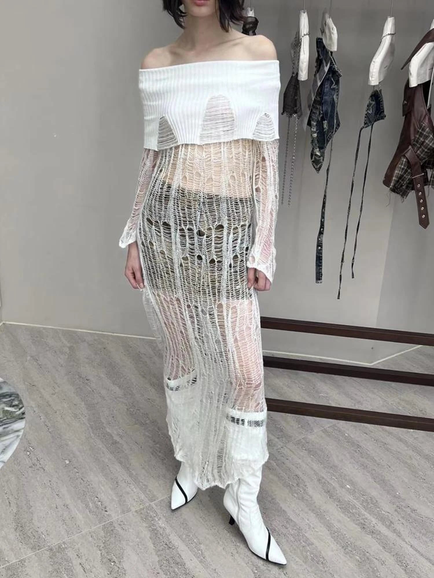 Two Tone Oversized Off Shoulder Sweater Dress