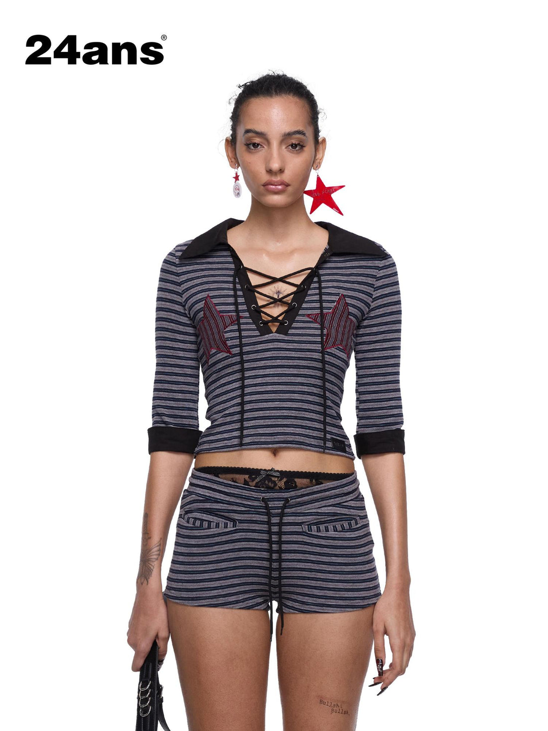 24ans Two Tone Star Applique Stripe Top And Shorts Set
