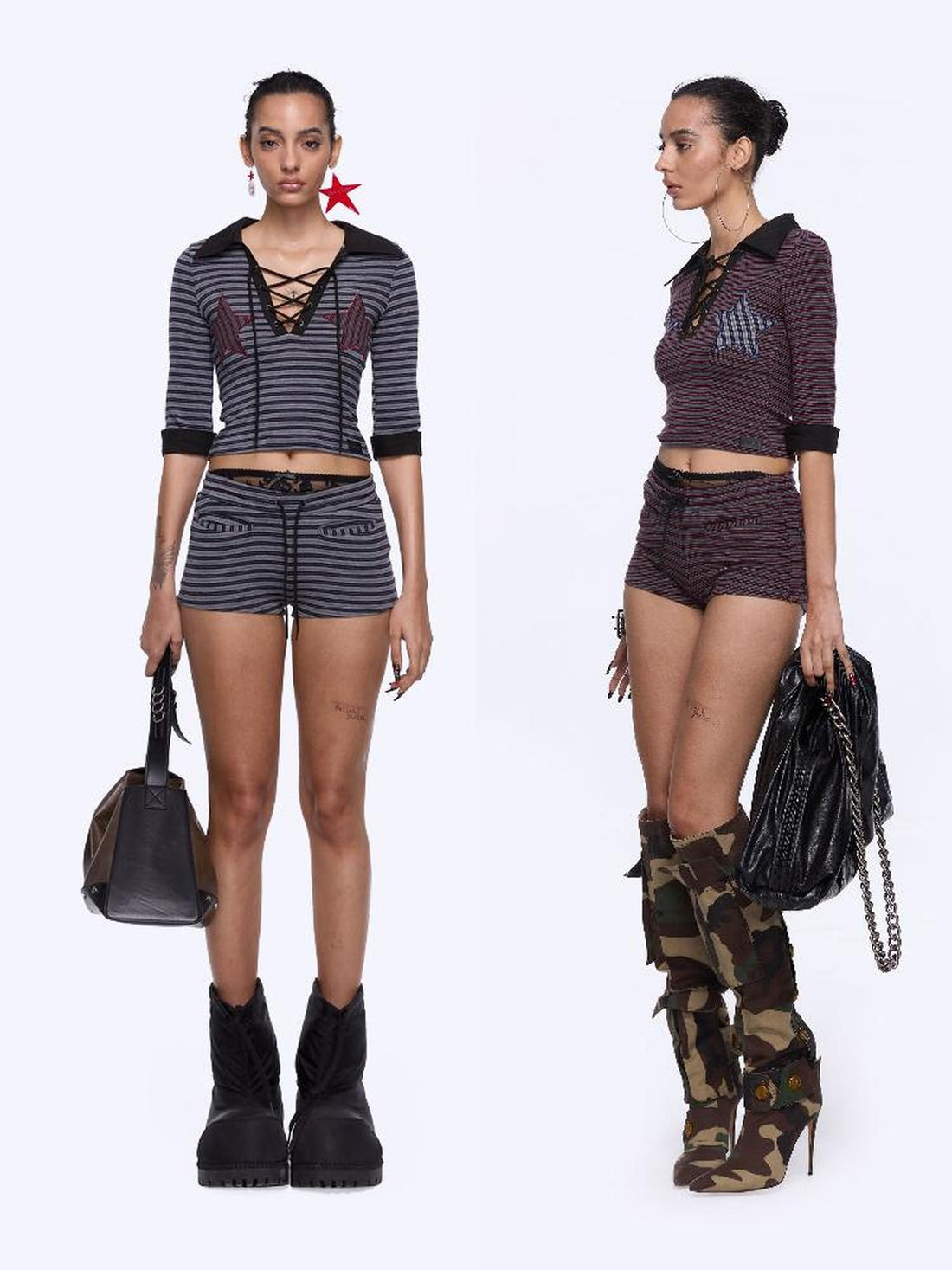 24ans Two Tone Star Applique Stripe Top And Shorts Set