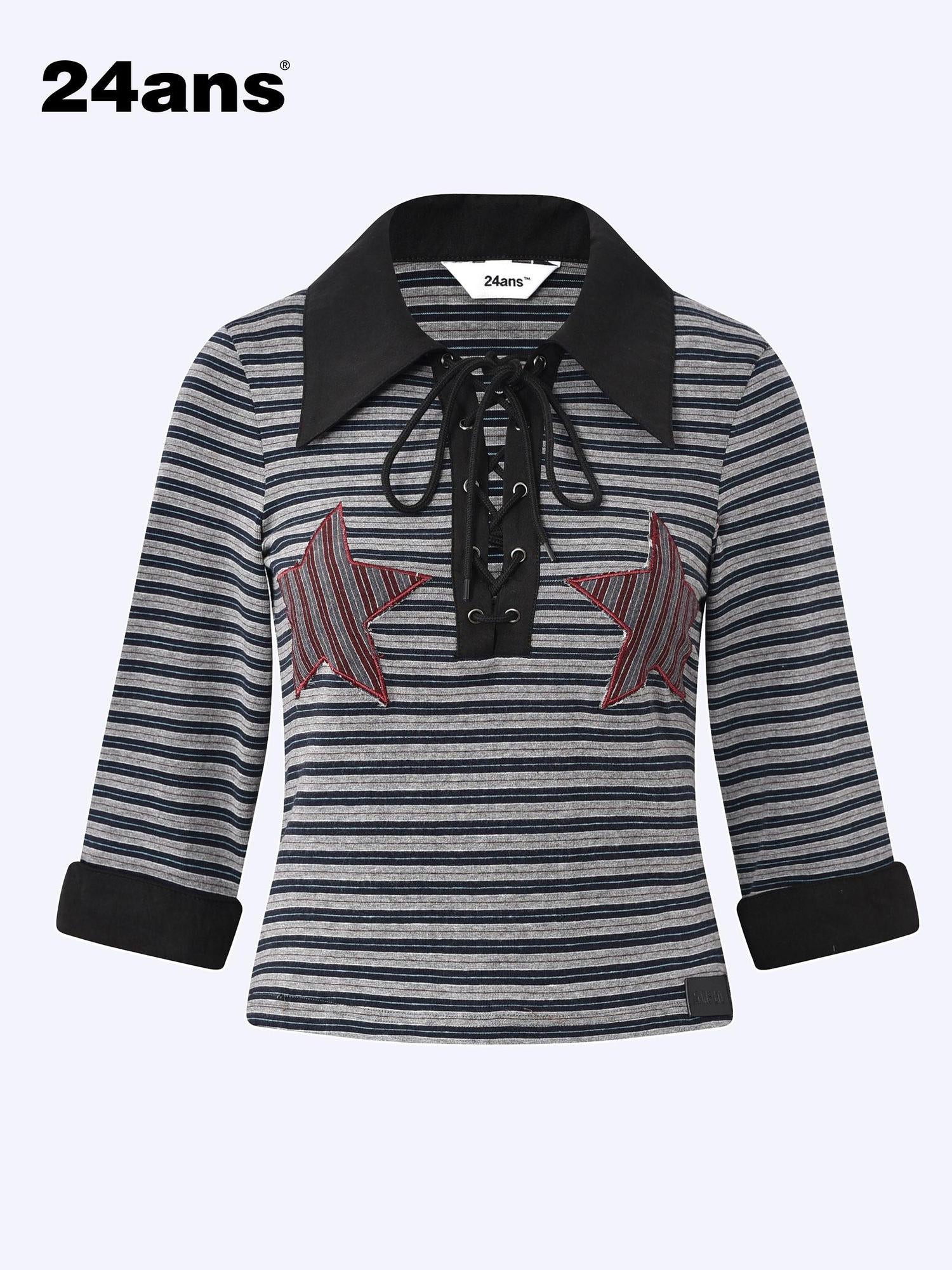 24ans Two Tone Star Applique Stripe Top And Shorts Set