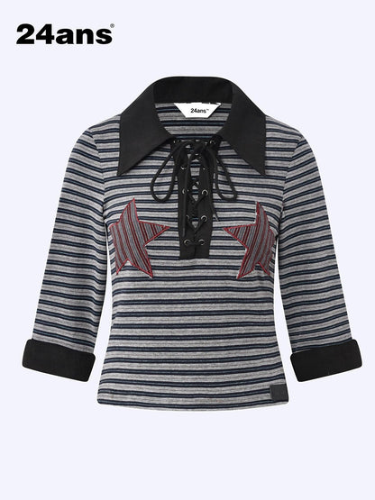 24ans Two Tone Star Applique Stripe Top And Shorts Set