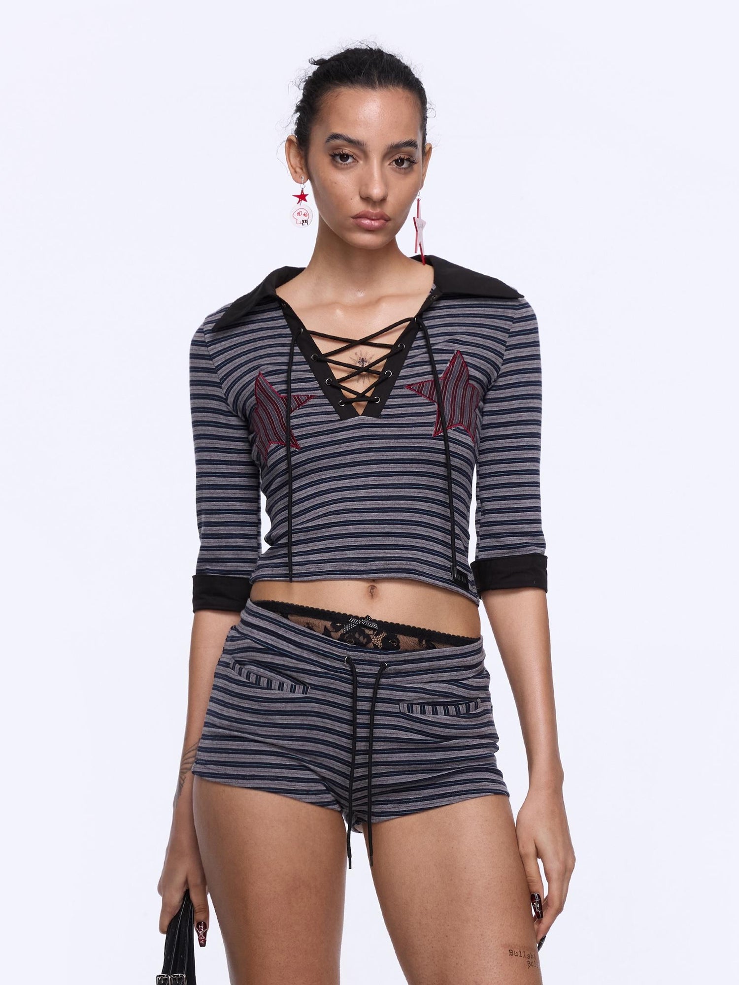 24ans Two Tone Star Applique Stripe Top And Shorts Set