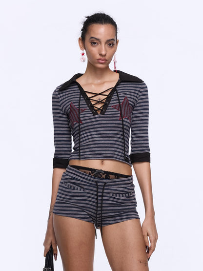 24ans Two Tone Star Applique Stripe Top And Shorts Set