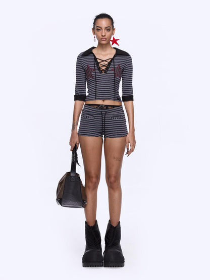 24ans Two Tone Star Applique Stripe Top And Shorts Set
