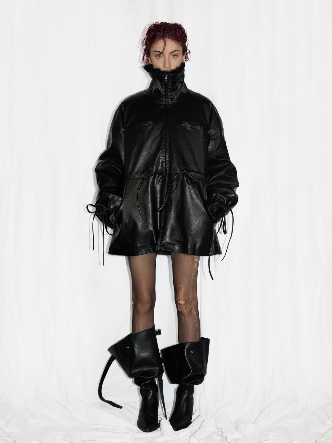 24ans Ultrasonic Quilted Washable Leather Waist Tie Fur Coat