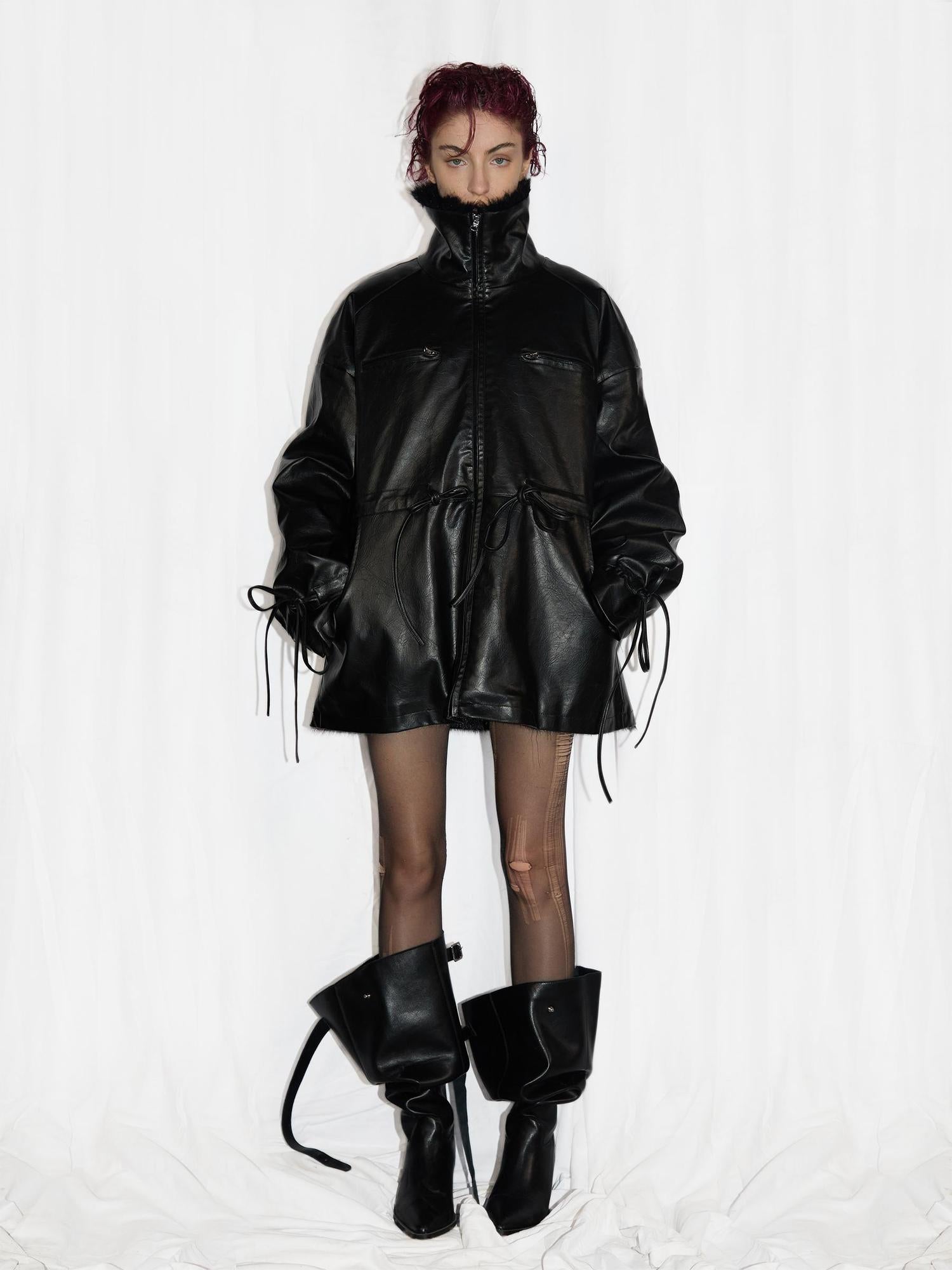 24ans Ultrasonic Quilted Washable Leather Waist Tie Fur Coat