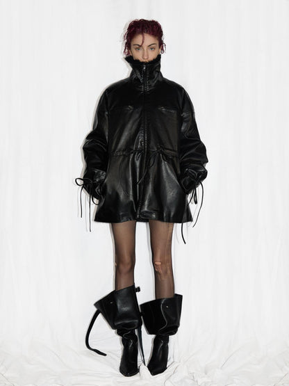 24ans Ultrasonic Quilted Washable Leather Waist Tie Fur Coat