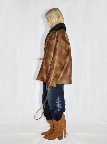 24ans Ultrasonic Quilted Washable Leather Waist Tie Fur Coat