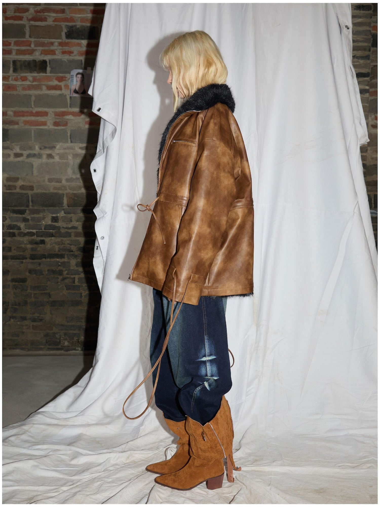 24ans Ultrasonic Quilted Washable Leather Waist Tie Fur Coat