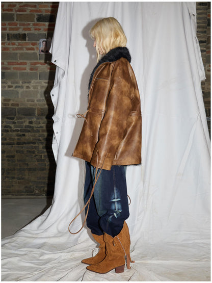 24ans Ultrasonic Quilted Washable Leather Waist Tie Fur Coat