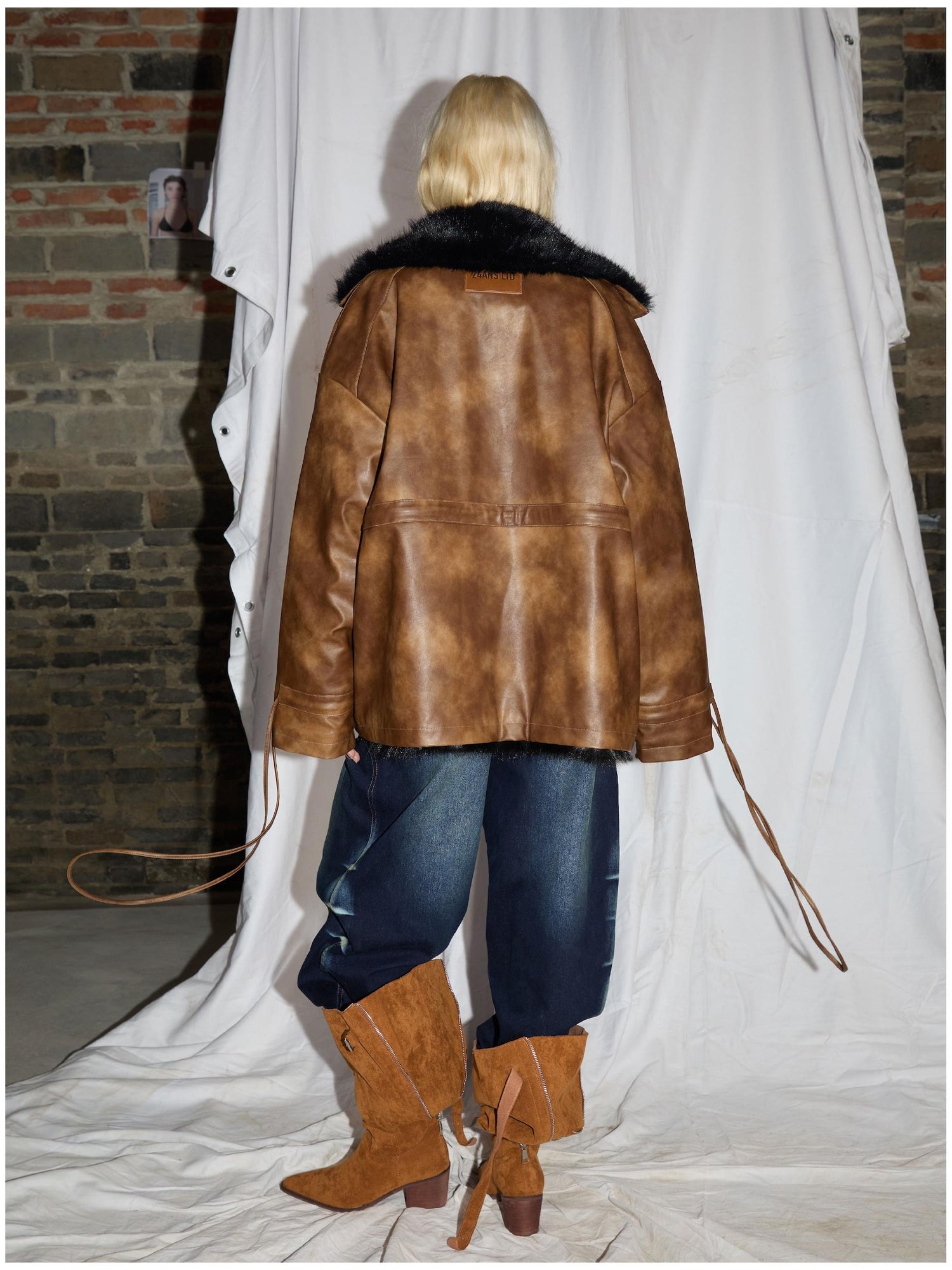 24ans Ultrasonic Quilted Washable Leather Waist Tie Fur Coat