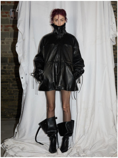 24ans Ultrasonic Quilted Washable Leather Waist Tie Fur Coat
