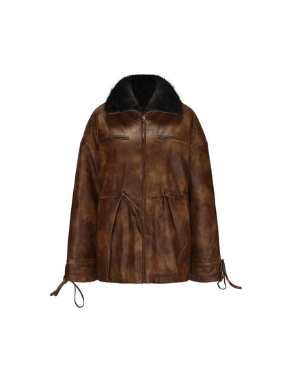 24ans Ultrasonic Quilted Washable Leather Waist Tie Fur Coat MISSTT