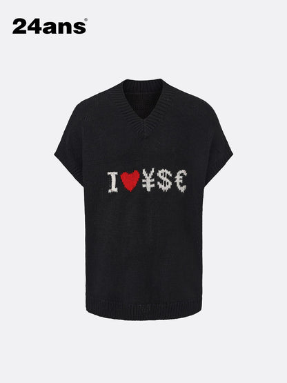 24ans V-Neck Sleeveless Knit Sweater Vest In Black White