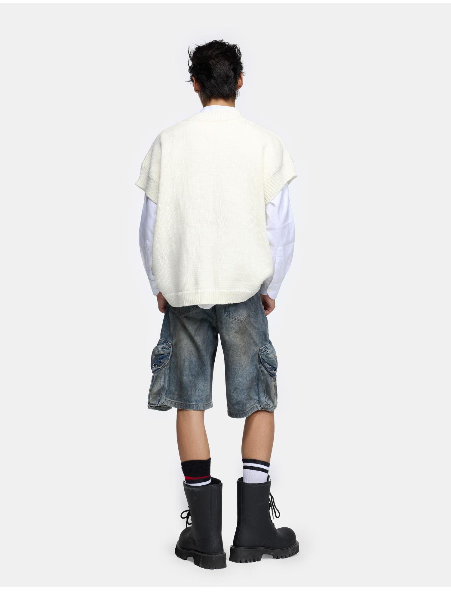 24ans V-Neck Sleeveless Knit Sweater Vest In Black White