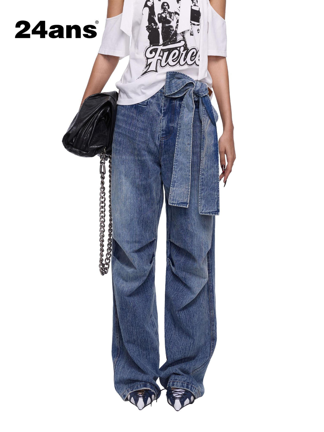 24ans Vintage Bow Tie Belted Ruffle Hem Denim Jeans