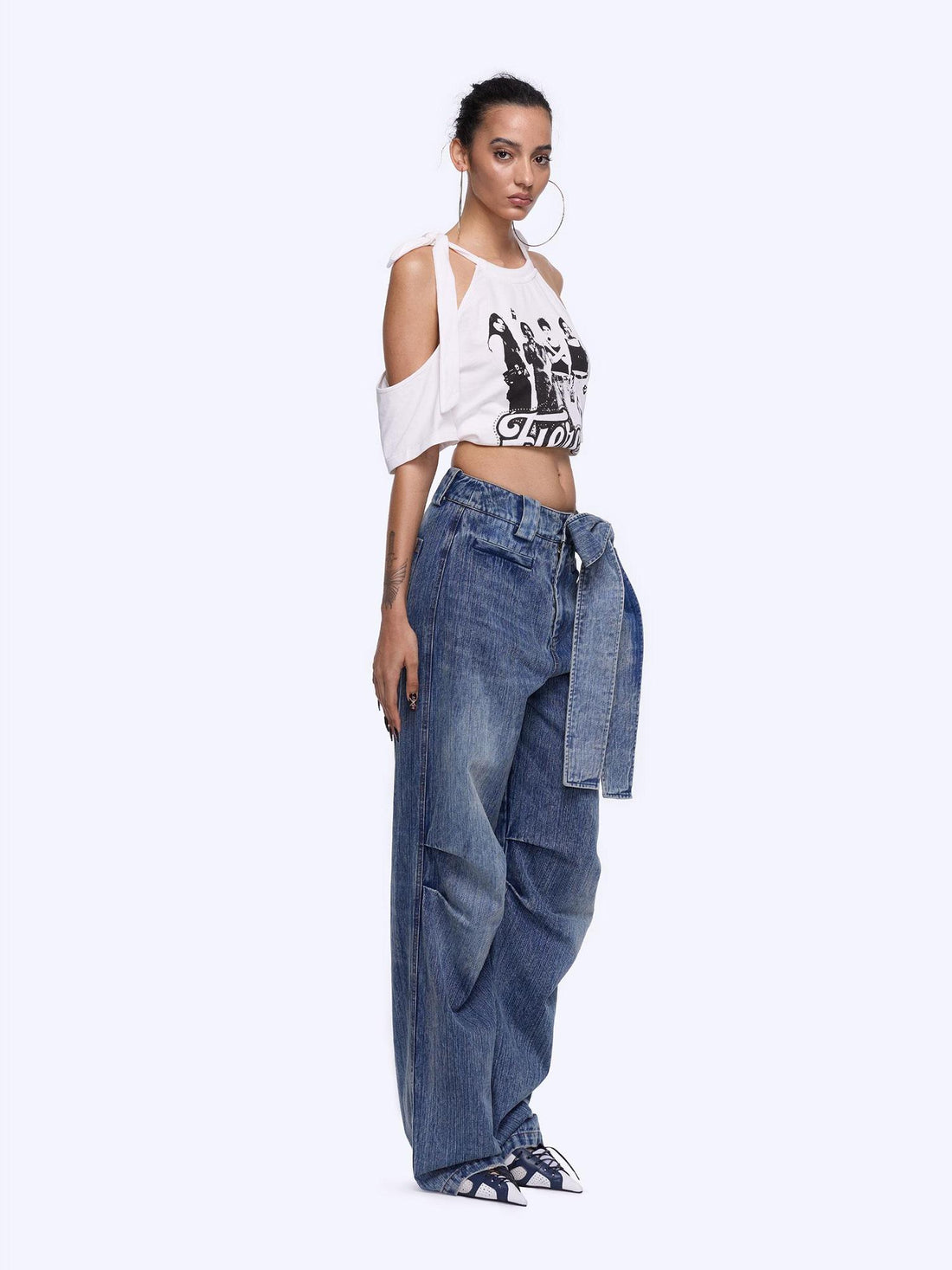 24ans Vintage Bow Tie Belted Ruffle Hem Denim Jeans