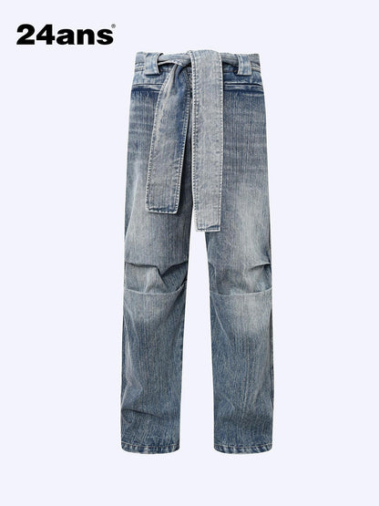 24ans Vintage Bow Tie Belted Ruffle Hem Denim Jeans