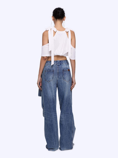 24ans Vintage Bow Tie Belted Ruffle Hem Denim Jeans