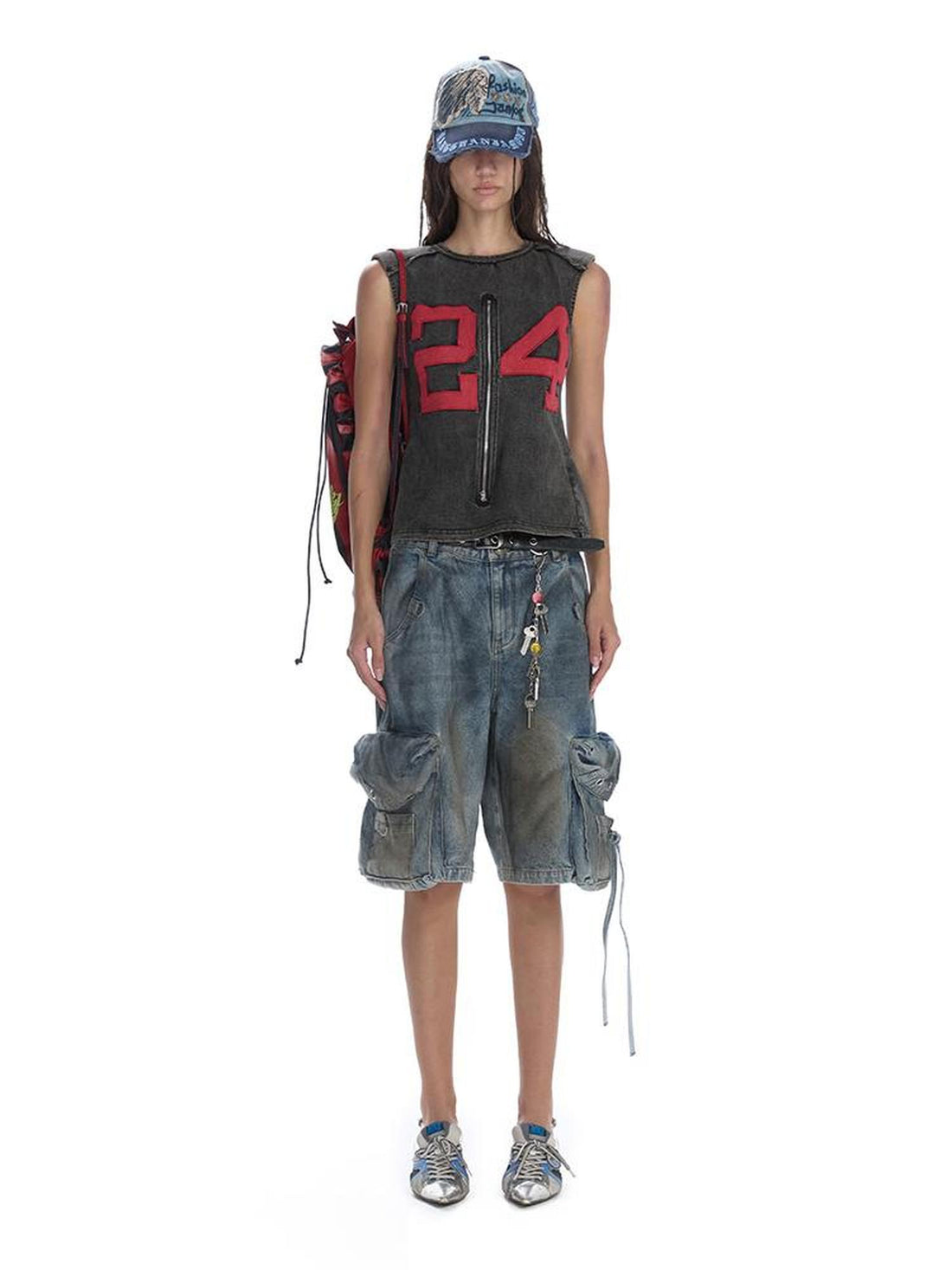 24ans Vintage Washed Button Down Shoulder Pad Vest