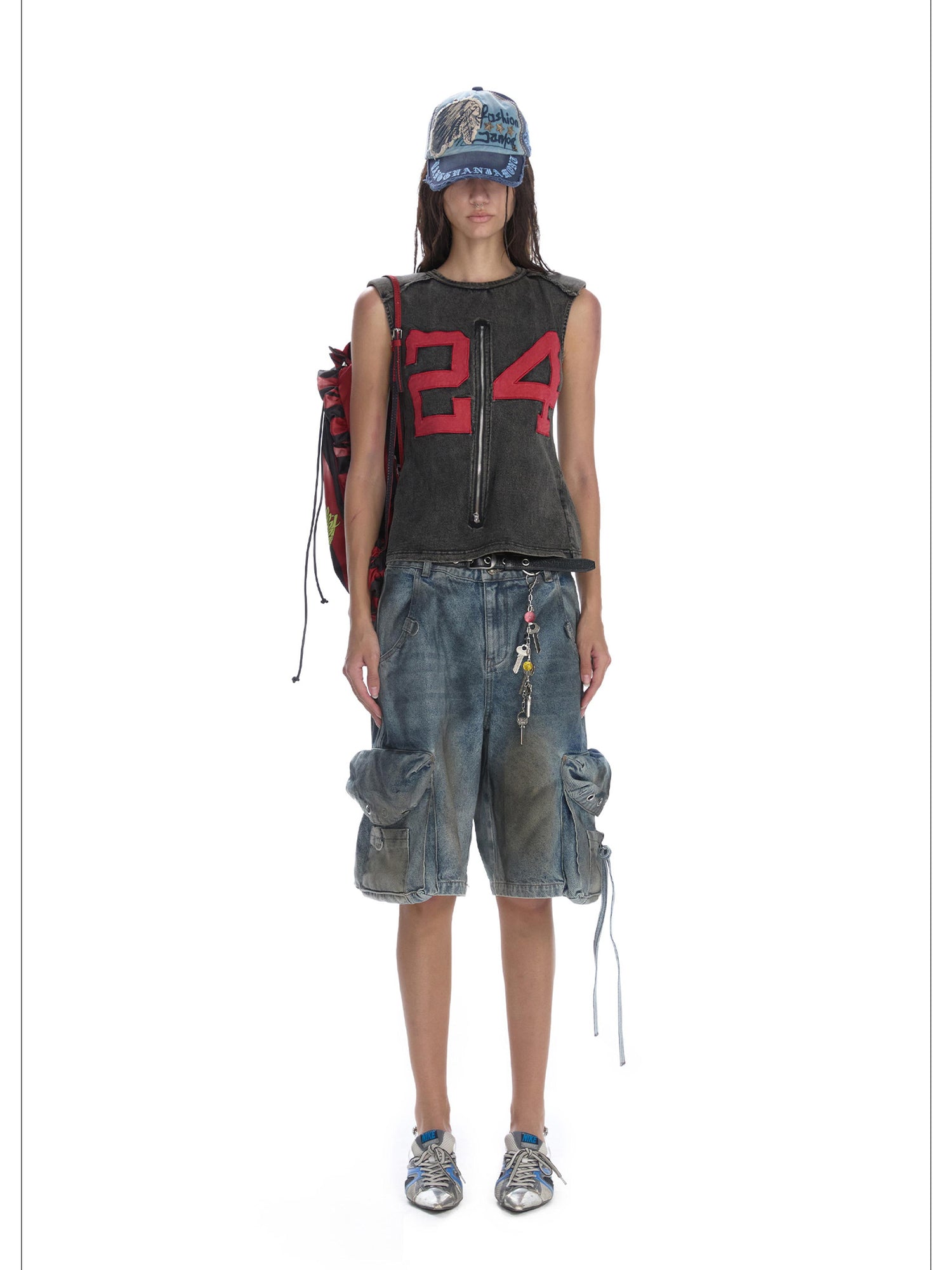 24ans Vintage Washed Button Down Shoulder Pad Vest