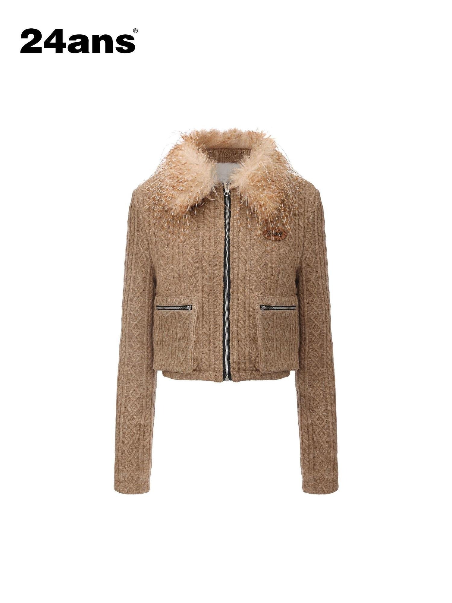 24ans Warm Fleece Lined Casual Pullover Zip Front Women Acrylic Knit Jacket