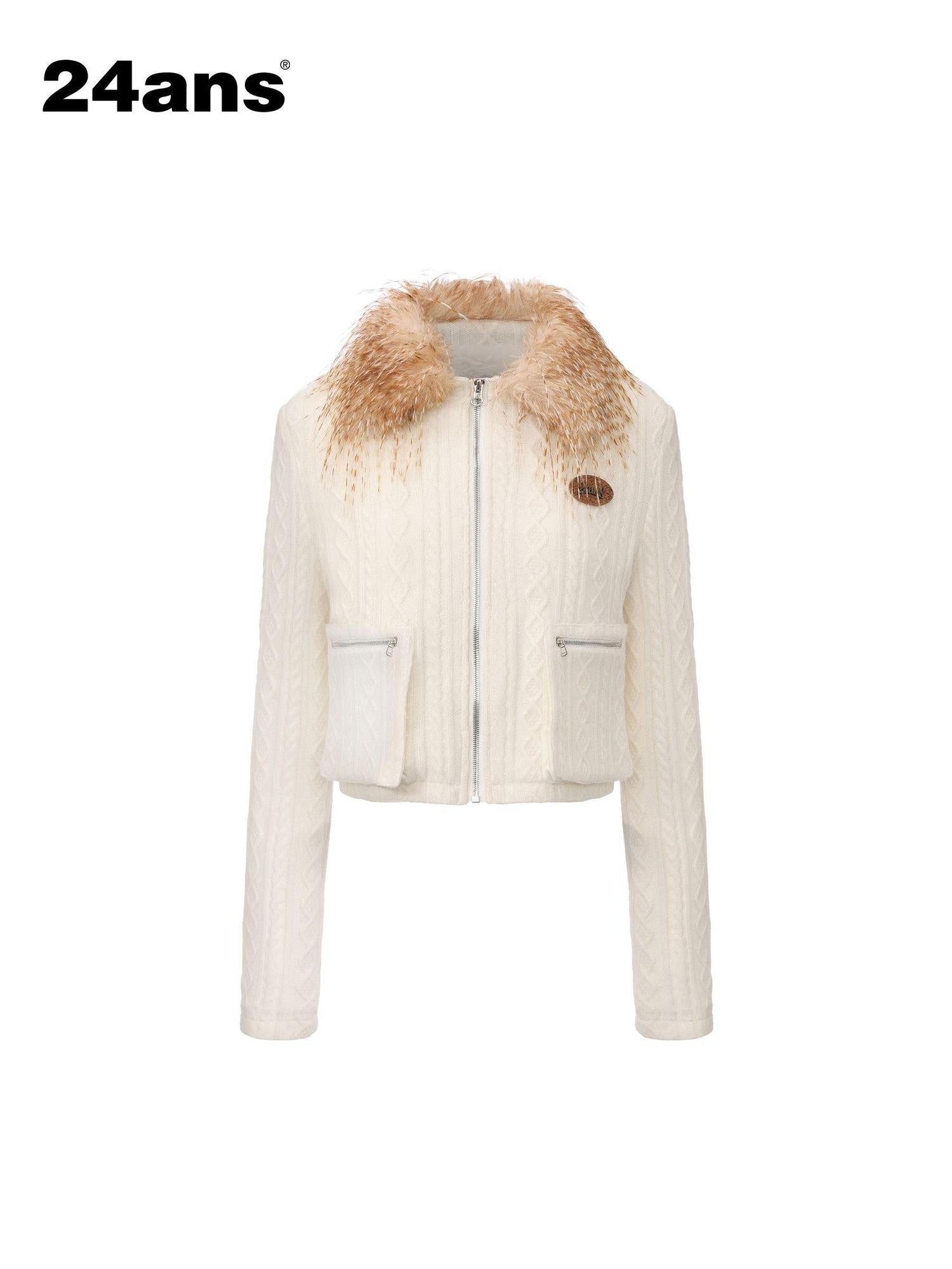 24ans Warm Fleece Lined Casual Pullover Zip Front Women Acrylic Knit Jacket