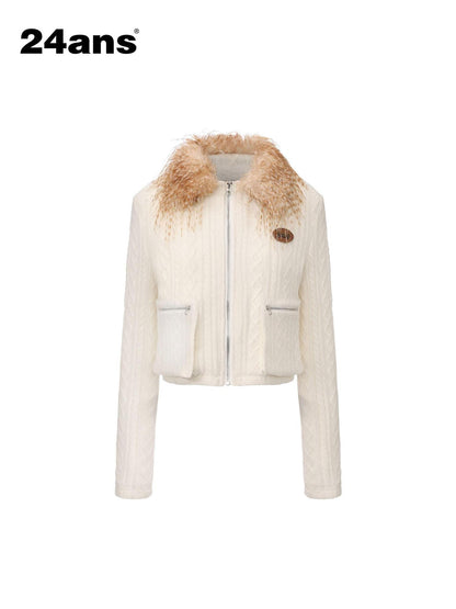 24ans Warm Fleece Lined Casual Pullover Zip Front Women Acrylic Knit Jacket