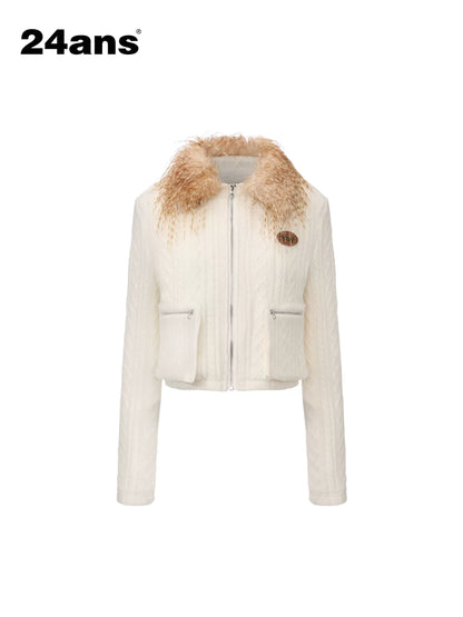 24ans Warm Fleece Lined Casual Pullover Zip Front Women Acrylic Knit Jacket-2