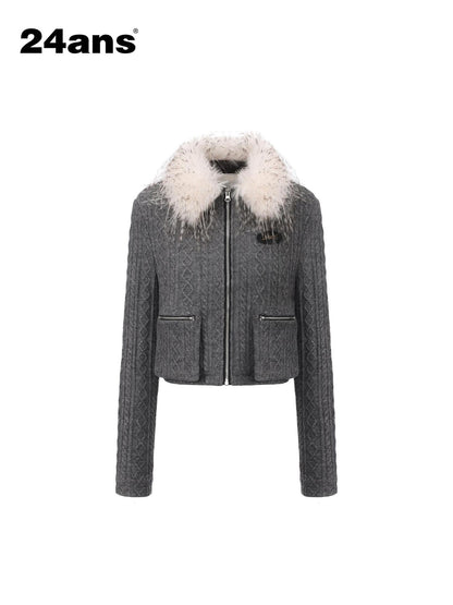 24ans Warm Fleece Lined Casual Pullover Zip Front Women Acrylic Knit Jacket