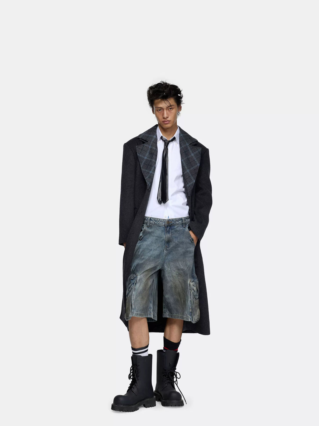 24ans Warm Wool Blend Longline Tailored Minimalist Gray Long Sleeve Coat-1