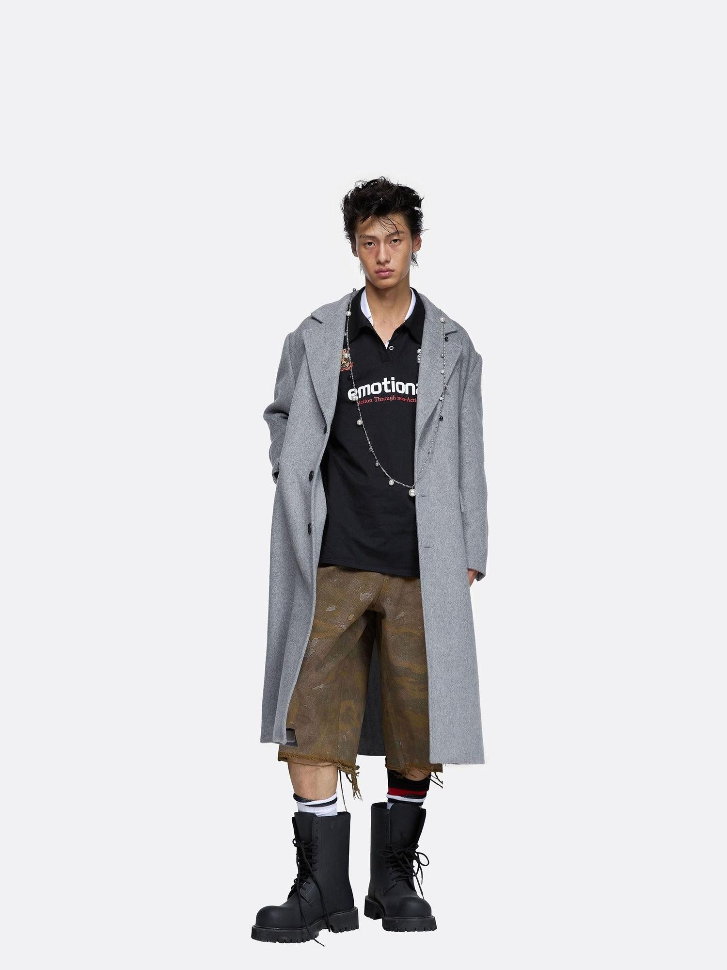 24ans Warm Wool Blend Longline Tailored Minimalist Gray Long Sleeve Coat