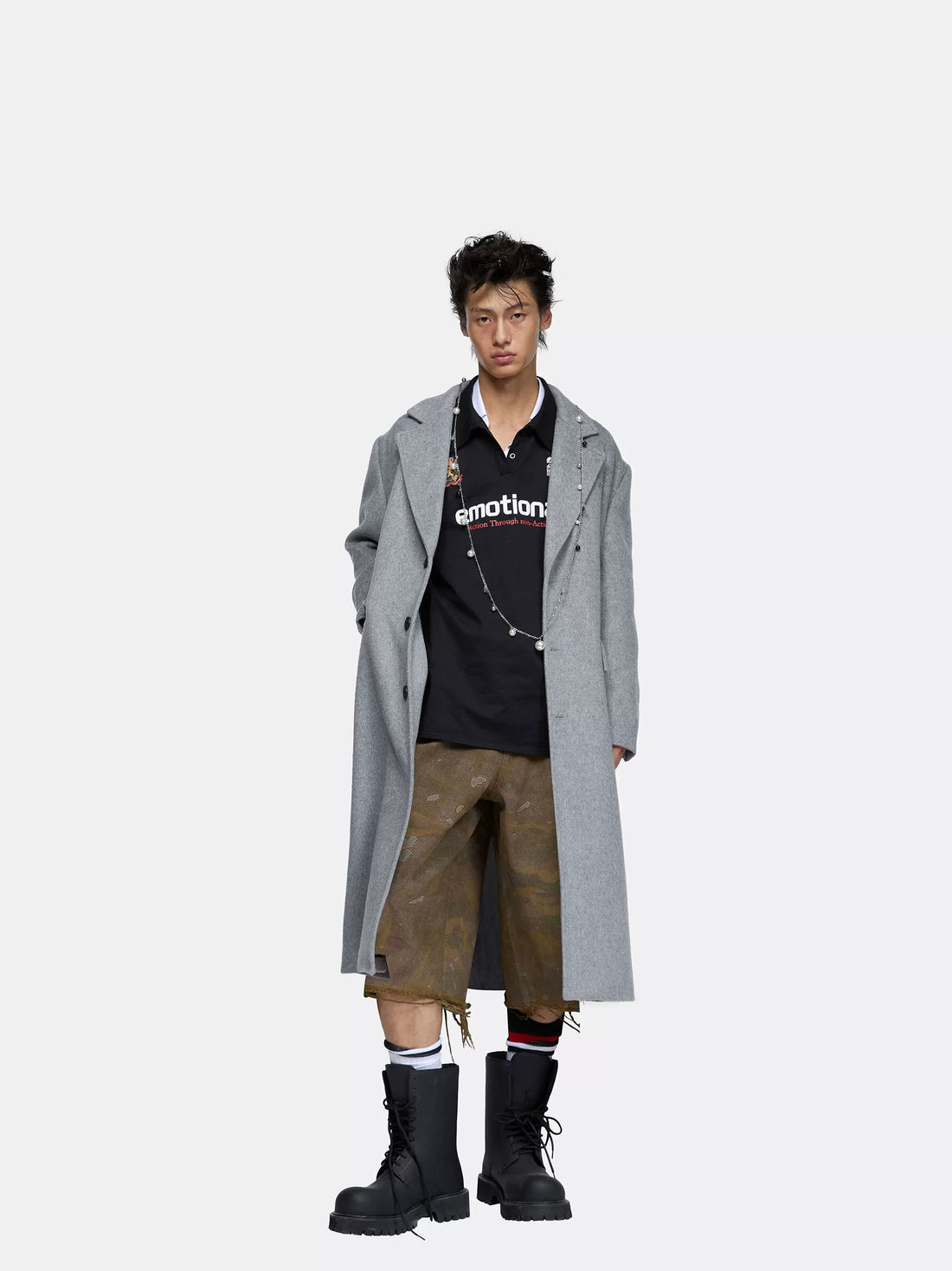 24ans Warm Wool Blend Longline Tailored Minimalist Gray Long Sleeve Coat-2