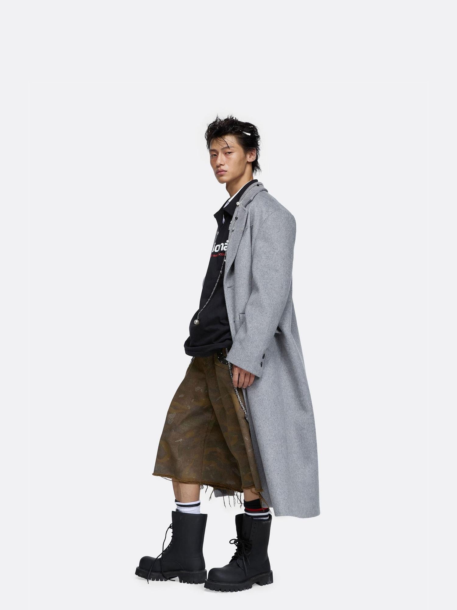 24ans Warm Wool Blend Longline Tailored Minimalist Gray Long Sleeve Coat