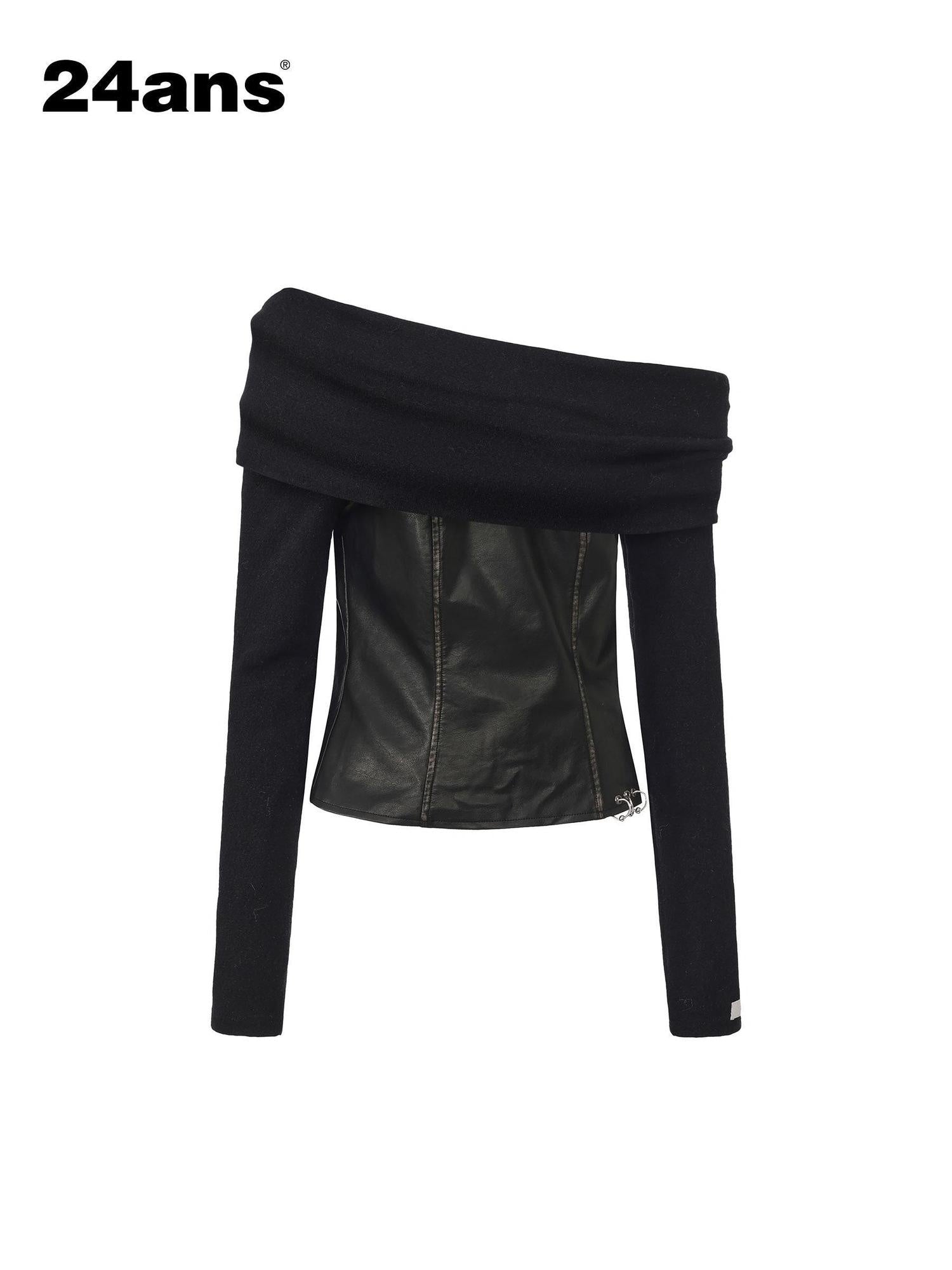 24ans Washed Faux Layered Splice Slim Fit Cropped Long Sleeve Sexy Women Black T-Shirt