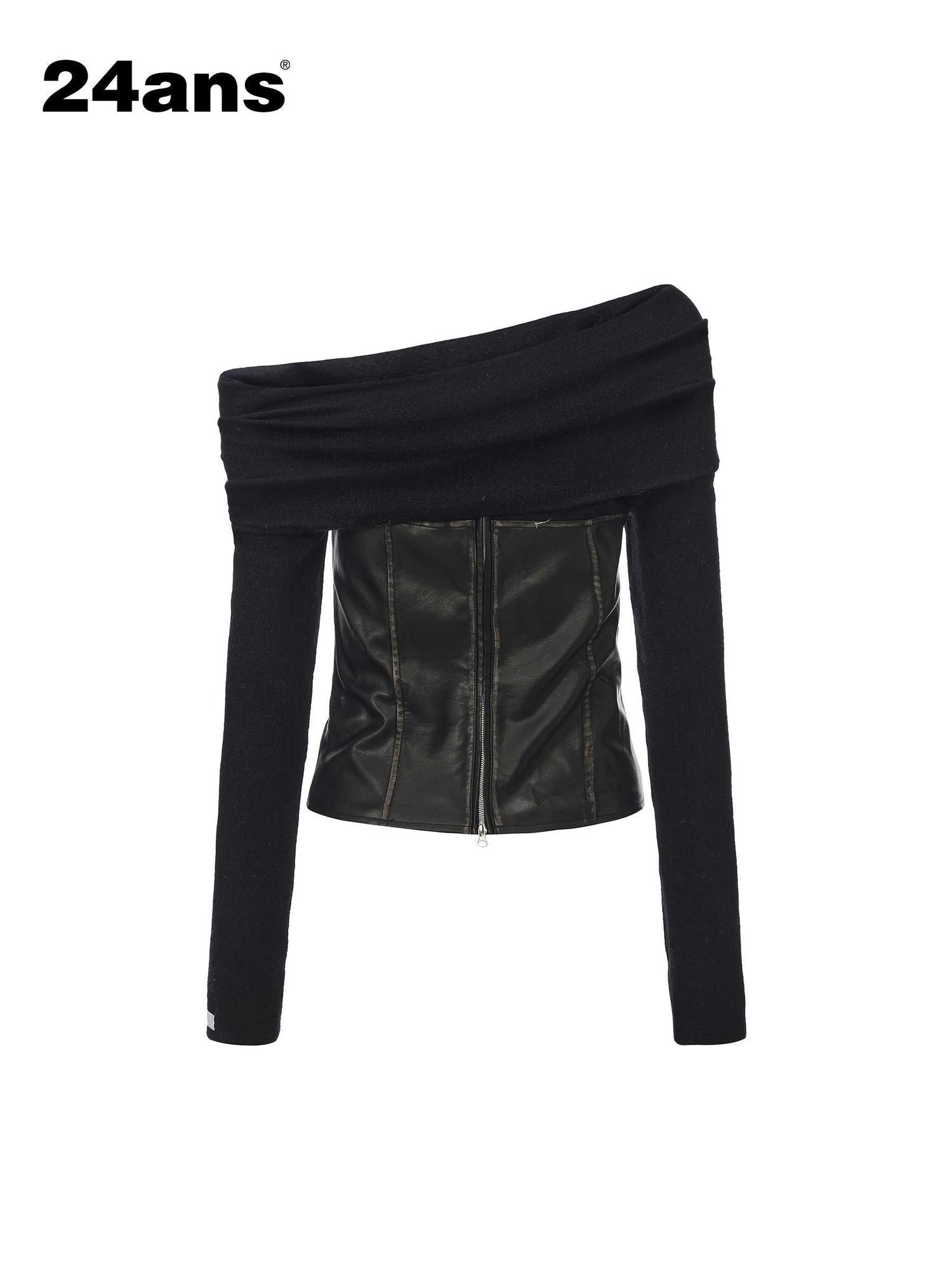 24ans Washed Faux Layered Splice Slim Fit Cropped Long Sleeve Sexy Women Black T-Shirt