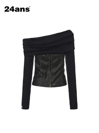 24ans Washed Faux Layered Splice Slim Fit Cropped Long Sleeve Sexy Women Black T-Shirt