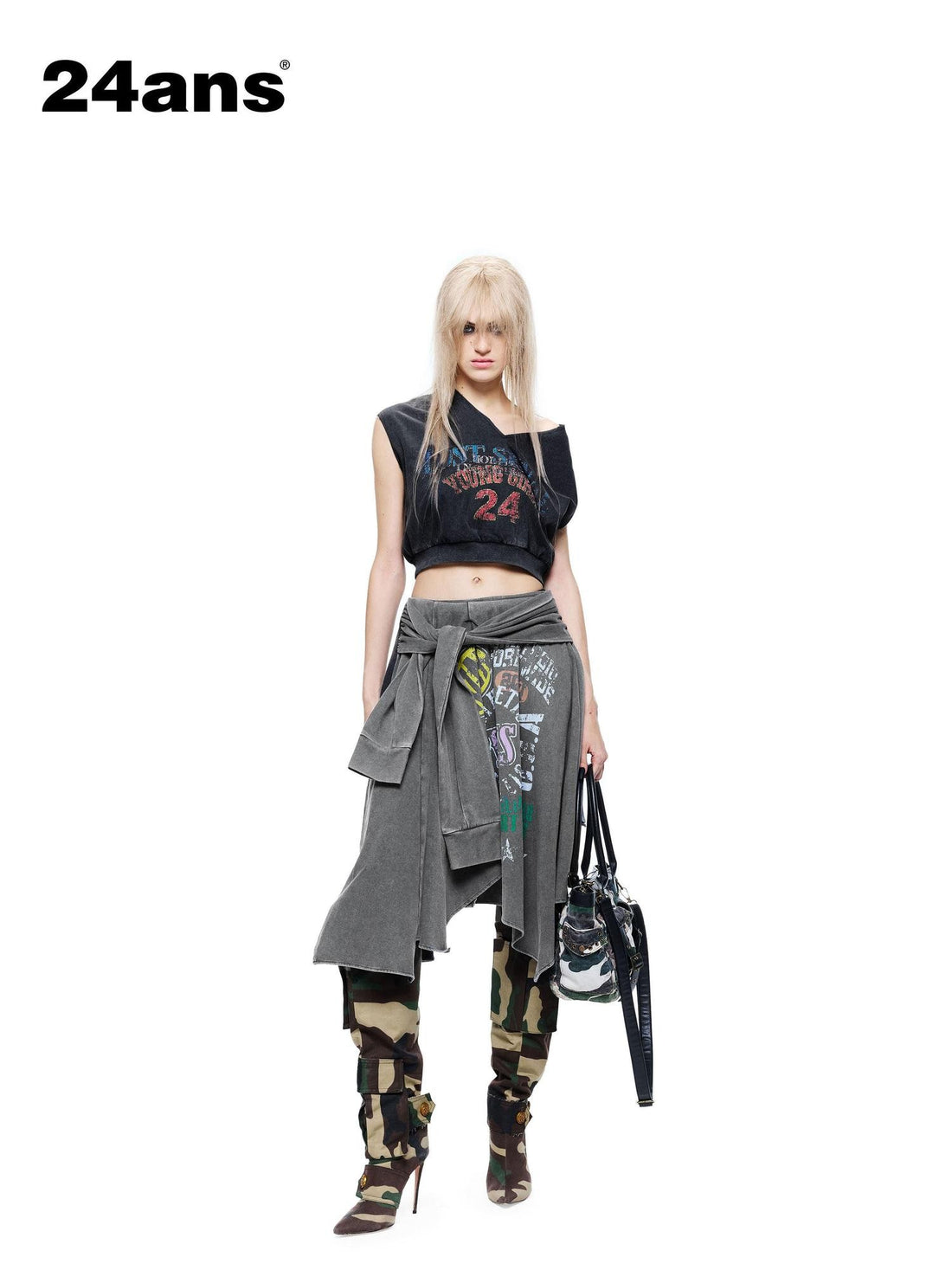 24ans Water Print Washed Asymmetric Tie Patchwork Women&