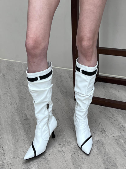 24ans White Black Contrast Pointed Toe Boots