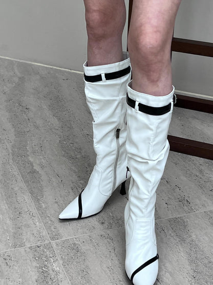 24ans White Black Contrast Pointed Toe Boots