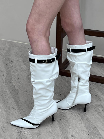 24ans White Black Contrast Pointed Toe Boots