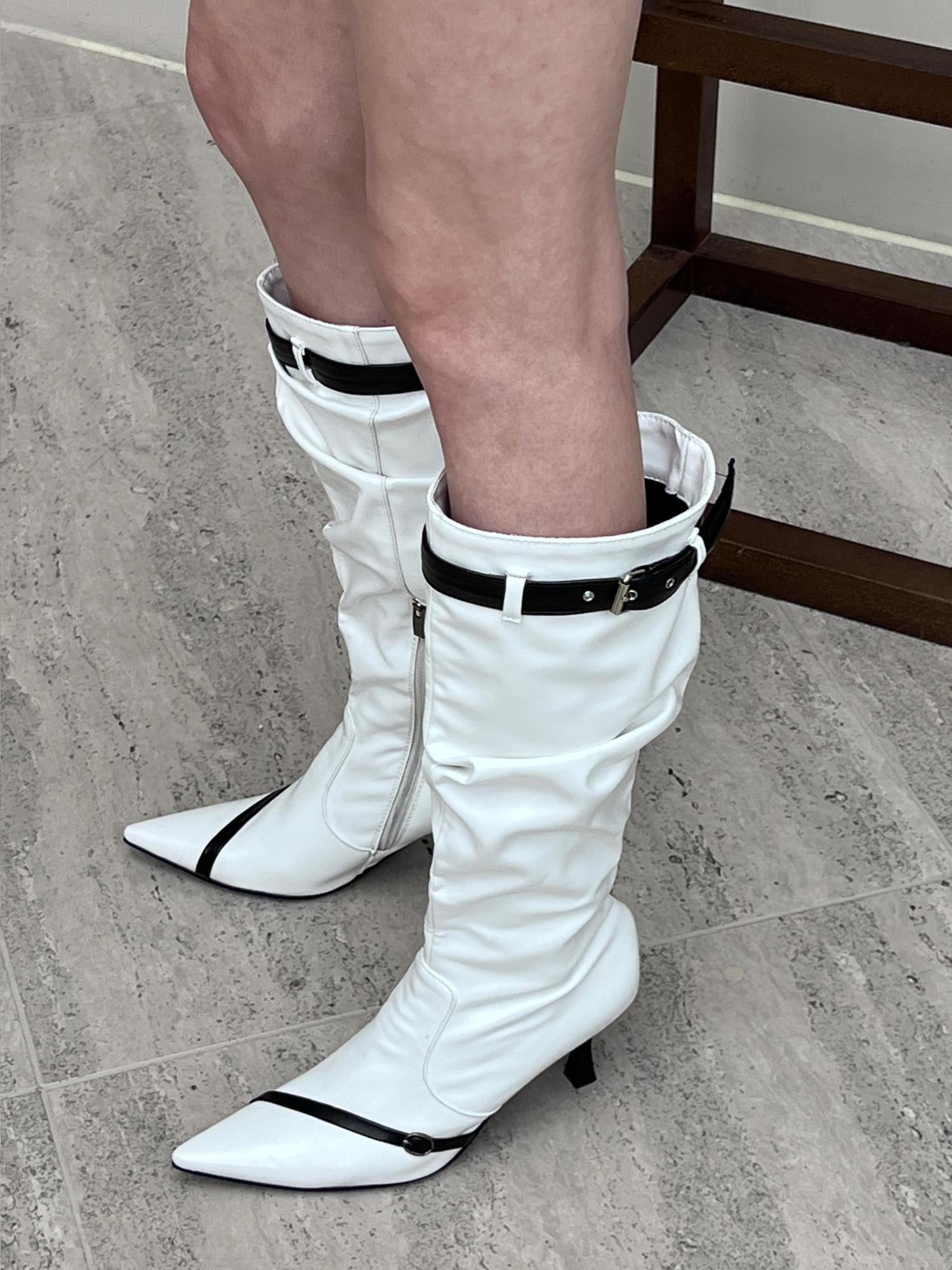 24ans White Black Contrast Pointed Toe Boots