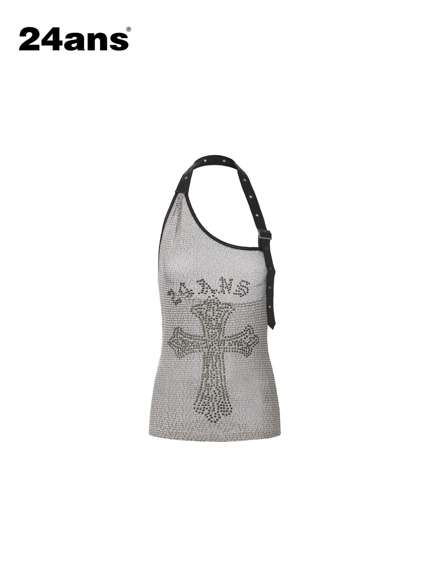 24ans White Textured Faux Rhinestone Halter Asymmetrical Women&