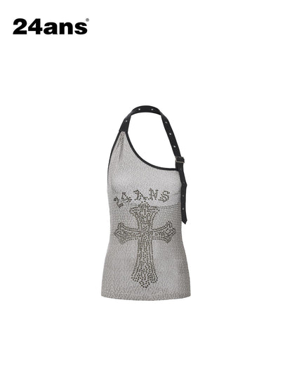 24ans White Textured Faux Rhinestone Halter Asymmetrical Women&